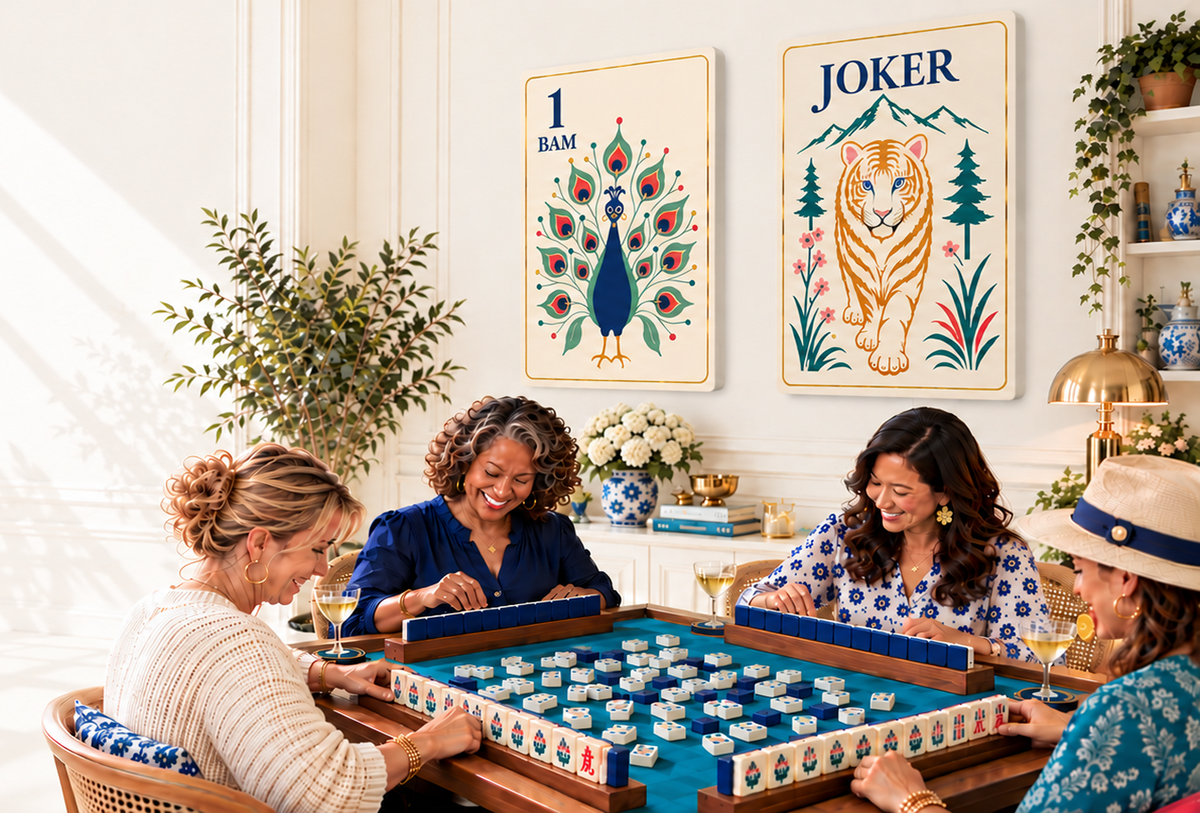 Mahjong gathering in a stylish room with wall art