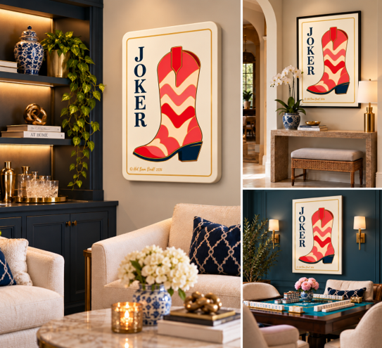Mahjong gathering in a stylish room with wall art