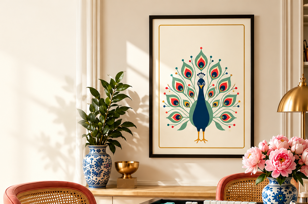 Close-up of Mahjong tiles and pink peonies in a blue vase